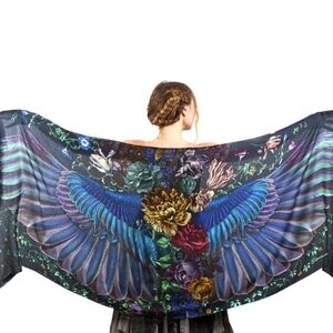 SHOVAVA Onyx Blue Green 100% Cotton Printed Wings Bird Feather Floral Scarf